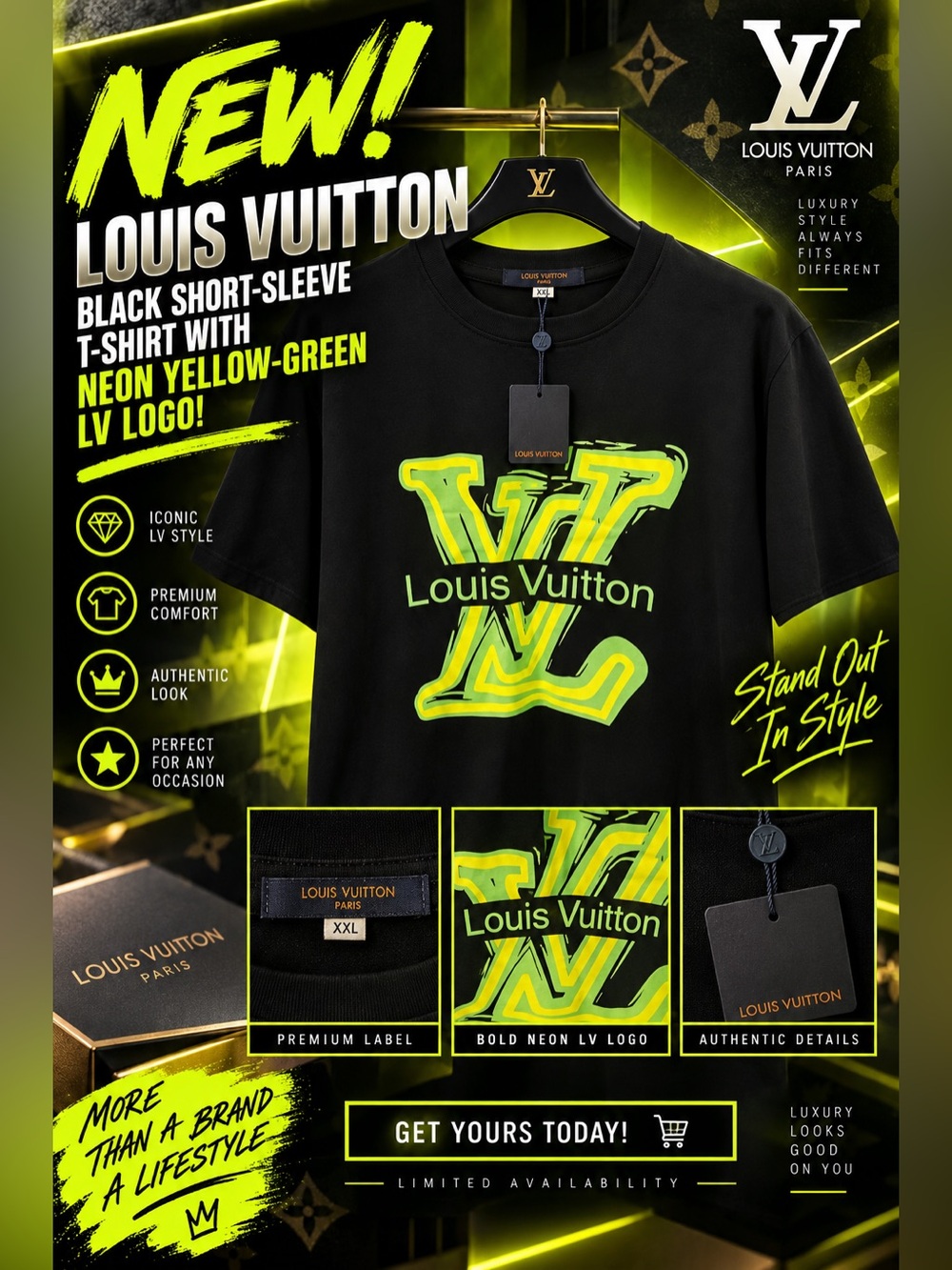 New!🔥Louis Vuitton Black Short-Sleeve T-Shirt with Neon Yellow-Green LV Logo!🔥